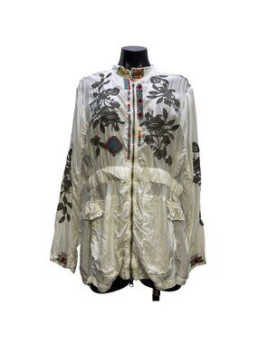 Johnny Was Embroidered White & Multicolor Zip Jacket L